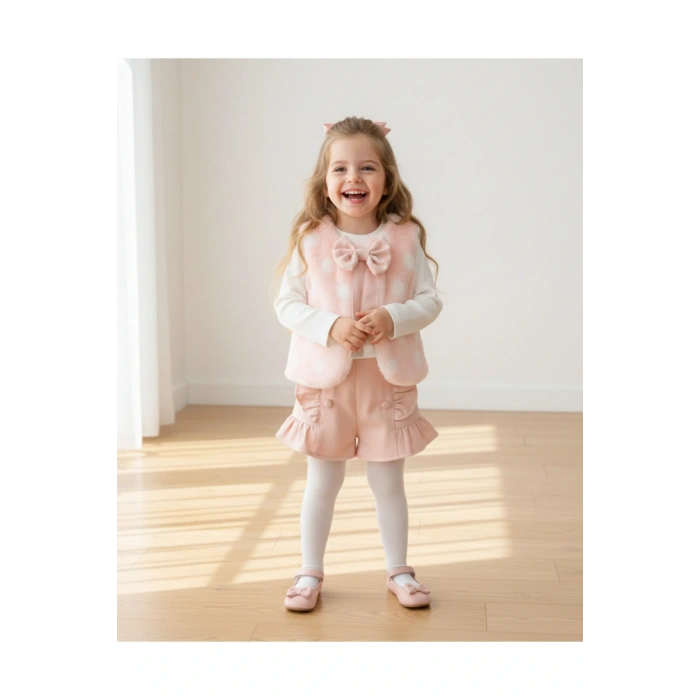 Banu Puantiyeli Fiyonklu Peluş Yelek & Triko ve Şort Takımı - (2-5 Yaş)