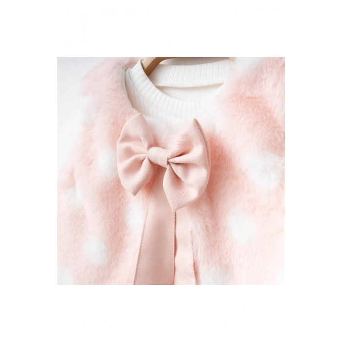 Banu Puantiyeli Fiyonklu Peluş Yelek & Triko ve Şort Takımı - (2-5 Yaş)