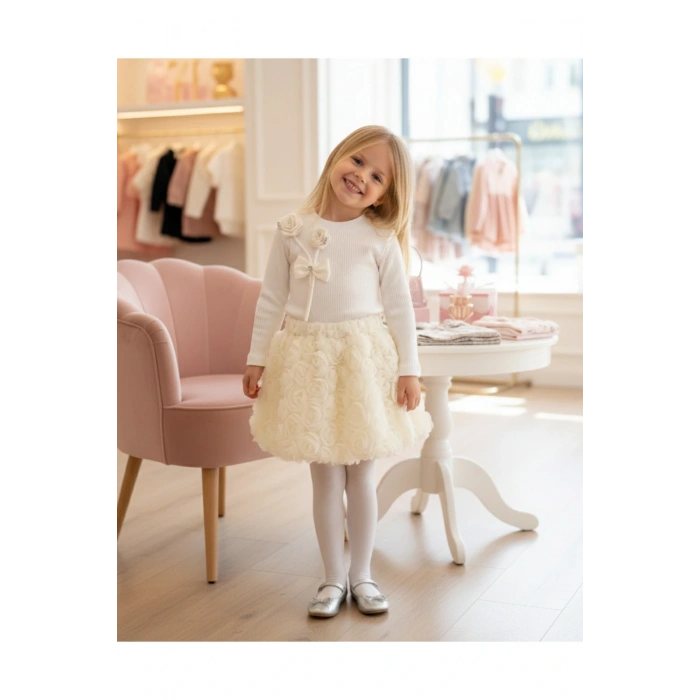 Ayla I Tüllü Etekli Özel Tasarım Gül Detaylı Kız Çocuk Kombini- 2/3/4/5 Yaş