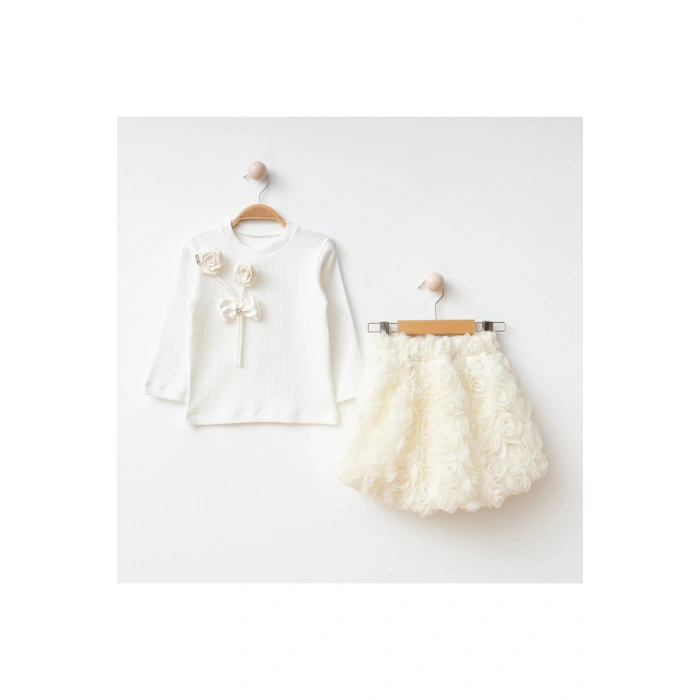 Ayla I Tüllü Etekli Özel Tasarım Gül Detaylı Kız Çocuk Kombini- 2/3/4/5 Yaş