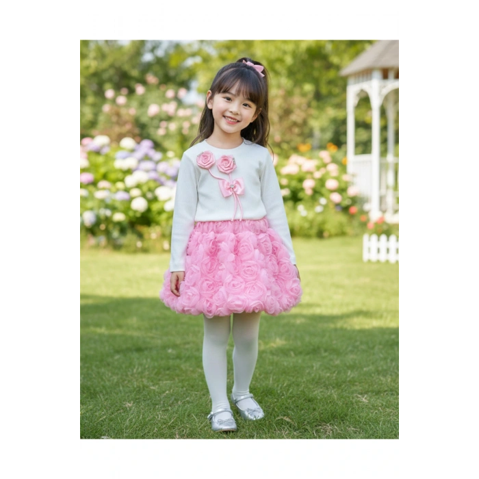 Ayla I Tüllü Etekli Özel Tasarım Gül Detaylı Kız Çocuk Kombini- 2/3/4/5 Yaş