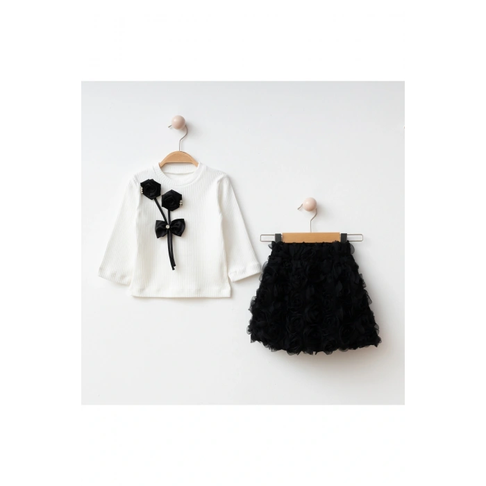 Tüllü Etekli Özel Tasarım Gül Detaylı Kız Çocuk Kombini- 2/3/4/5 Yaş