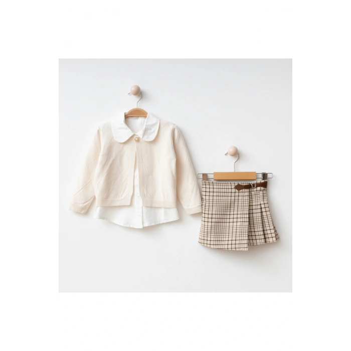 Ece I Triko Hırka, Gömlek ve Etek Görünümlü Şort 3lü Kombin I 2-5 Yaş