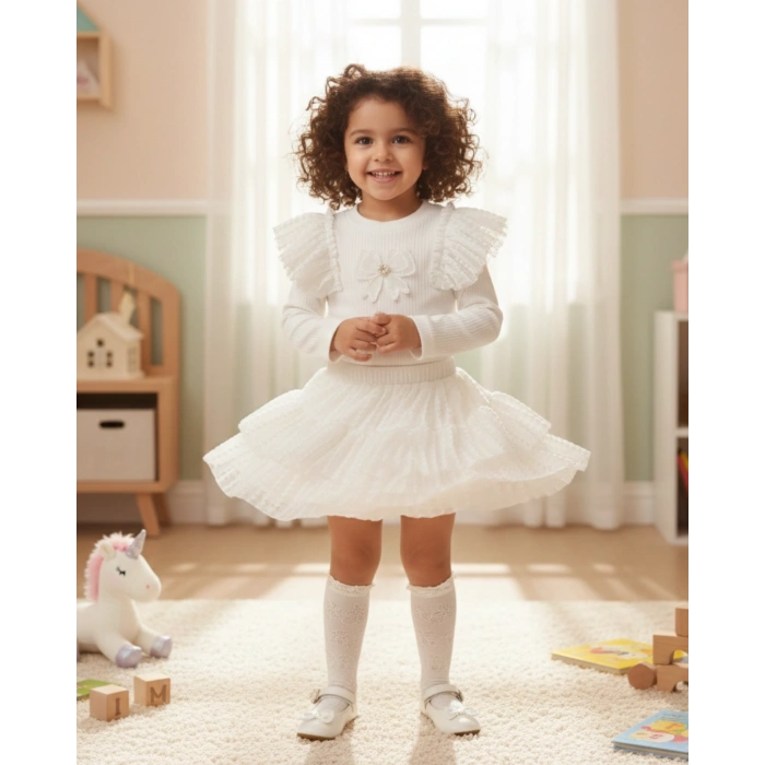 Ahu I Kız Çocuk Kombin- Dantel Detaylı Tütülü Etek ve Fırfırlı Penye İkili Kombin