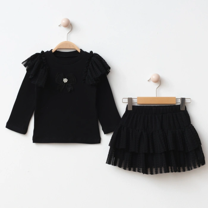 Ahu I Kız Çocuk Kombin- Dantel Detaylı Tütülü Etek ve Fırfırlı Penye İkili Kombin