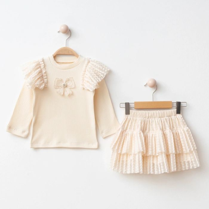 Ahu I Kız Çocuk Kombin- Dantel Detaylı Tütülü Etek ve Fırfırlı Penye İkili Kombin