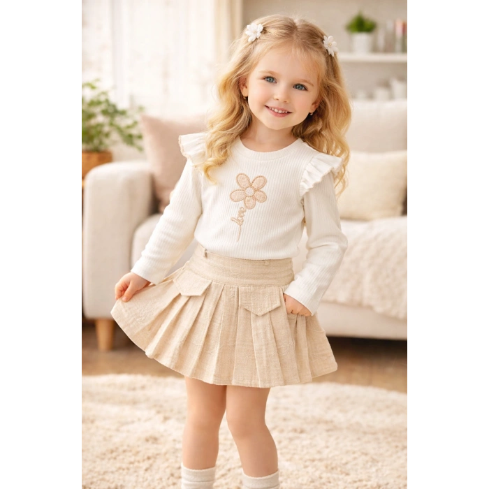 Tülin I Kız Çocuk Çiçek Nakışlı Fırfırlı Bluz Etek 2’li Takım