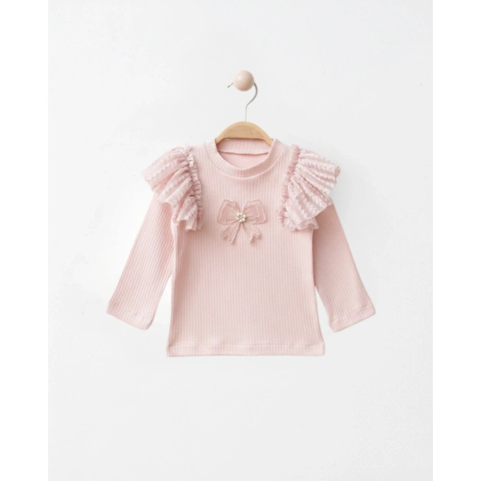 Kız Çocuk Omuzları Tül Detaylı ve İnci Nakışlı Fiyonklu Fitilli Penye Bluz