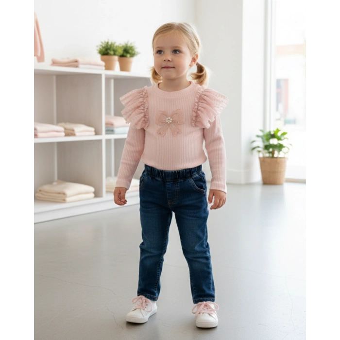 Kız Çocuk Omuzları Tül Detaylı ve İnci Nakışlı Fiyonklu Fitilli Penye Bluz