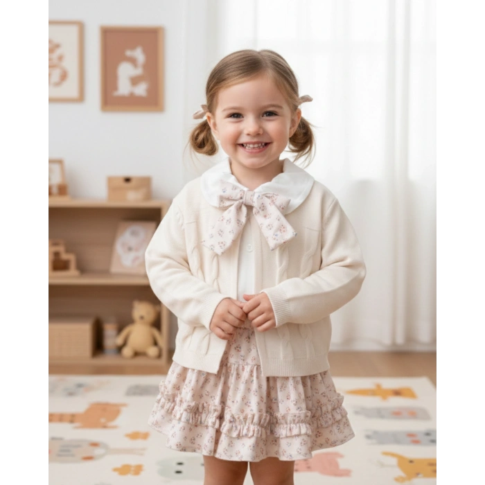 İdil Kız Çocuk Çiçek Desenli Etekli Takım - Fiyonk Fular Detaylı Gömlek ve Örgü Hırka 3lü Set