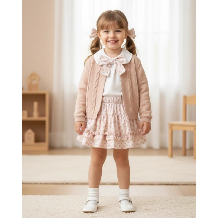 İdil Kız Çocuk Çiçek Desenli Etekli Takım - Fiyonk Fular Detaylı Gömlek ve Örgü Hırka 3lü Set