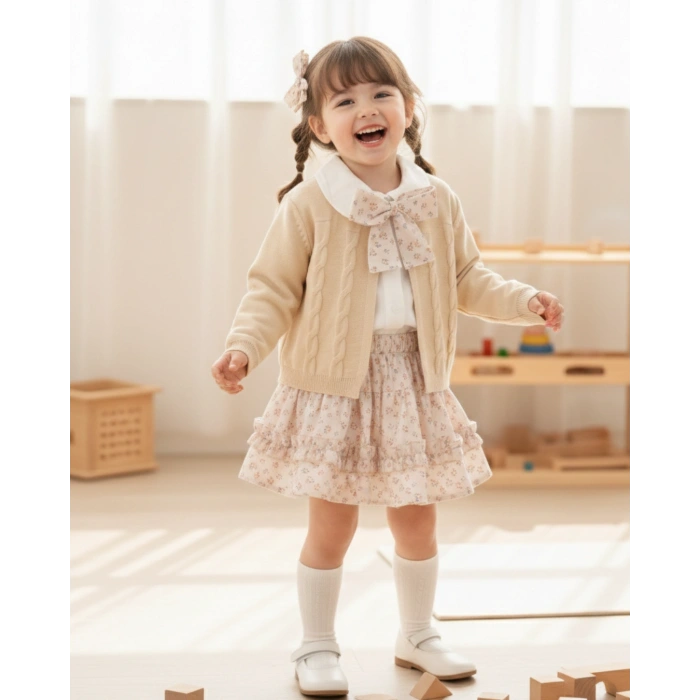 İdil Kız Çocuk Çiçek Desenli Etekli Takım - Fiyonk Fular Detaylı Gömlek ve Örgü Hırka 3lü Set