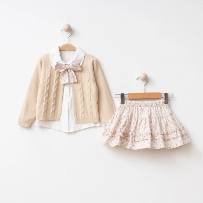 İdil Kız Çocuk Çiçek Desenli Etekli Takım - Fiyonk Fular Detaylı Gömlek ve Örgü Hırka 3lü Set