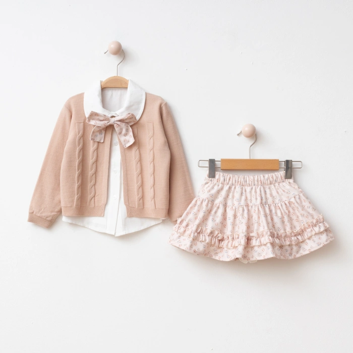 İdil Kız Çocuk Çiçek Desenli Etekli Takım - Fiyonk Fular Detaylı Gömlek ve Örgü Hırka 3lü Set