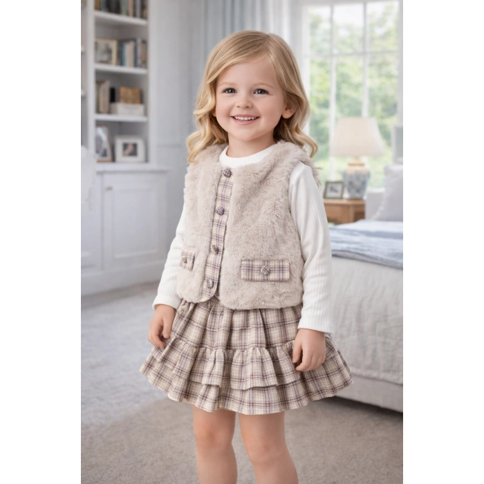 Elisa Kız Çocuk Ekose Etekli ,Penyeli,Peluş Yelek Takım