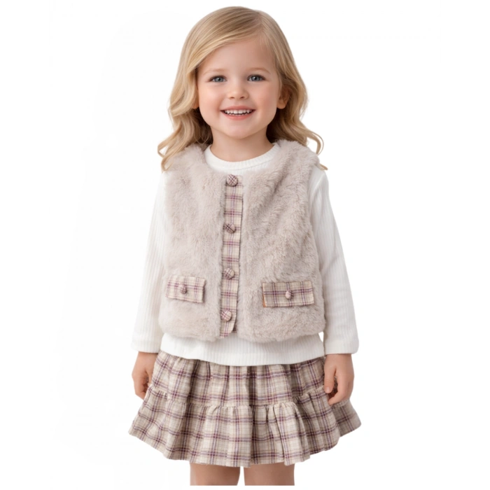 Elisa Kız Çocuk Ekose Etekli ,Penyeli,Peluş Yelek Takım