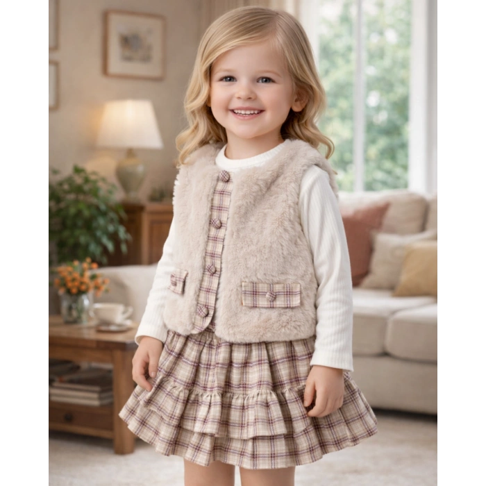 Elisa Kız Çocuk Ekose Etekli ,Penyeli,Peluş Yelek Takım