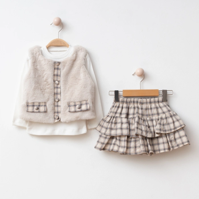 Elisa Kız Çocuk Ekose Etekli ,Penyeli,Peluş Yelek Takım