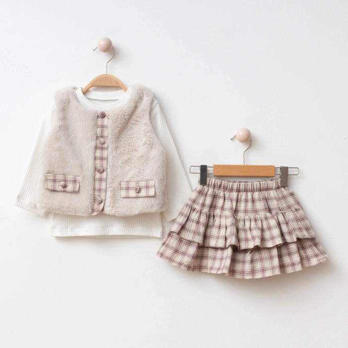 Elisa Kız Çocuk Ekose Etekli ,Penyeli,Peluş Yelek Takım