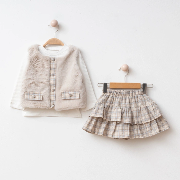 Elisa Kız Çocuk Ekose Etekli ,Penyeli,Peluş Yelek Takım