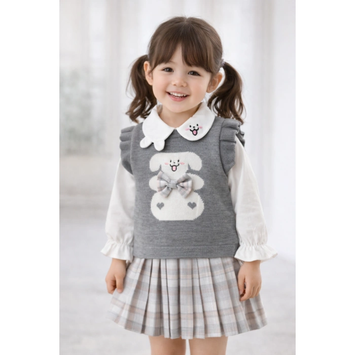Lusa Bunny Kız Çocuk Triko Süveterli Gömlek ve Pileli Etek 3lü Kombin