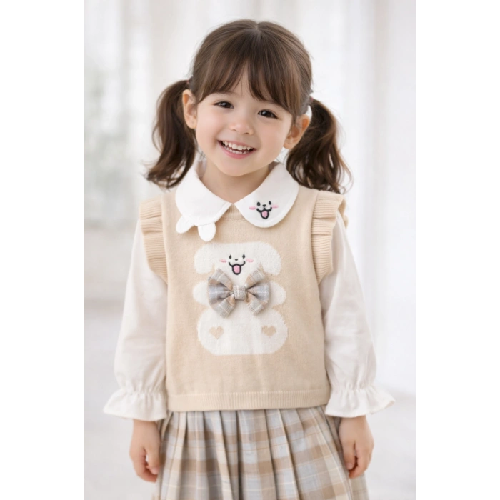 Lusa Bunny Kız Çocuk Triko Süveterli Gömlek ve Pileli Etek 3lü Kombin