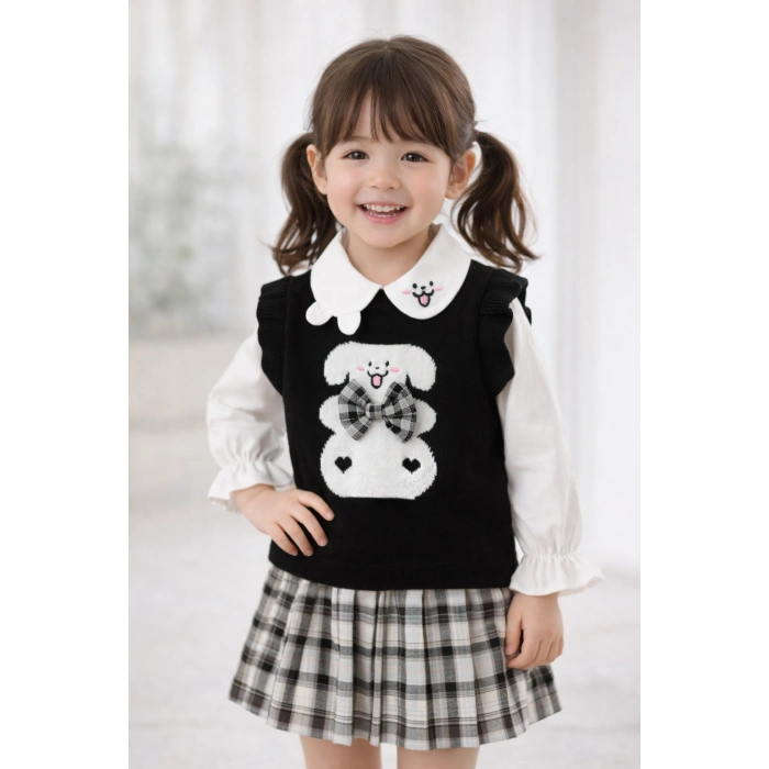 Lusa Bunny Kız Çocuk Triko Süveterli Gömlek ve Pileli Etek 3lü Kombin