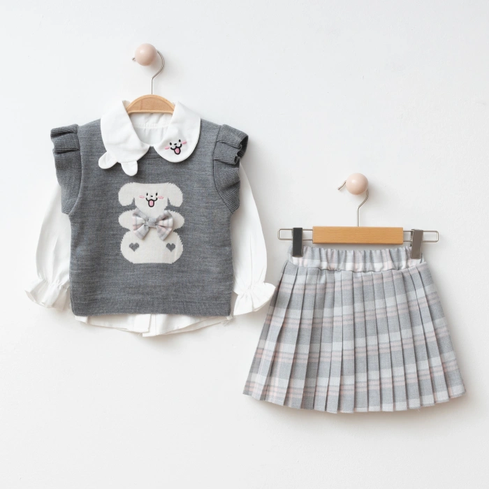 Lusa Bunny Kız Çocuk Triko Süveterli Gömlek ve Pileli Etek 3lü Kombin