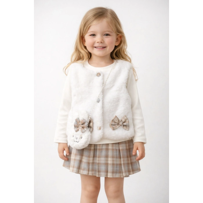 İlay Kız Çocuk Peluş Yelek,Pileli Etek ,Peluş Çanta ve Penye 4lü Kombin– Fiyonk Detaylı, Çantalı