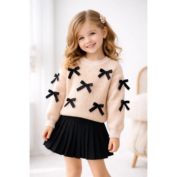 İlaya I Fiyonk Detaylı Kız Çocuk Triko ve Pileli Etek Kombin