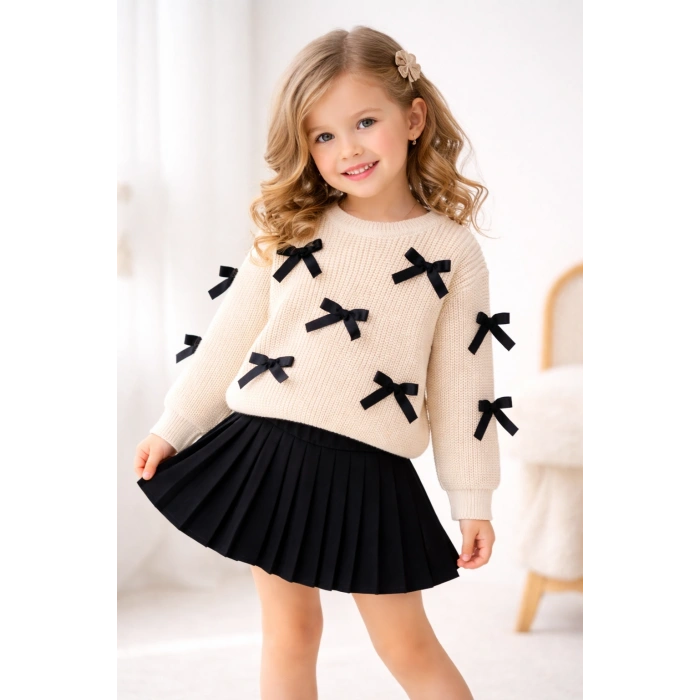 İlaya I Fiyonk Detaylı Kız Çocuk Triko ve Pileli Etek Kombin