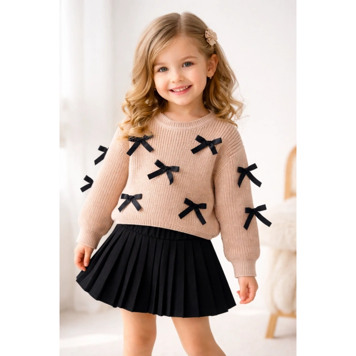 İlaya I Fiyonk Detaylı Kız Çocuk Triko ve Pileli Etek Kombin