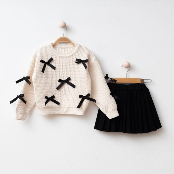 İlaya I Fiyonk Detaylı Kız Çocuk Triko ve Pileli Etek Kombin