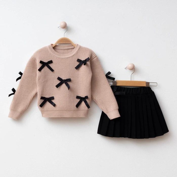 İlaya I Fiyonk Detaylı Kız Çocuk Triko ve Pileli Etek Kombin