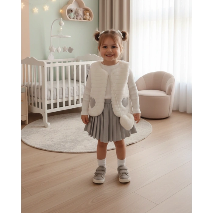 Kız Çocuk Pileli Etekli Kalp Detaylı Peluş Yelekli 4lü Kombin Takım - Premium Seri