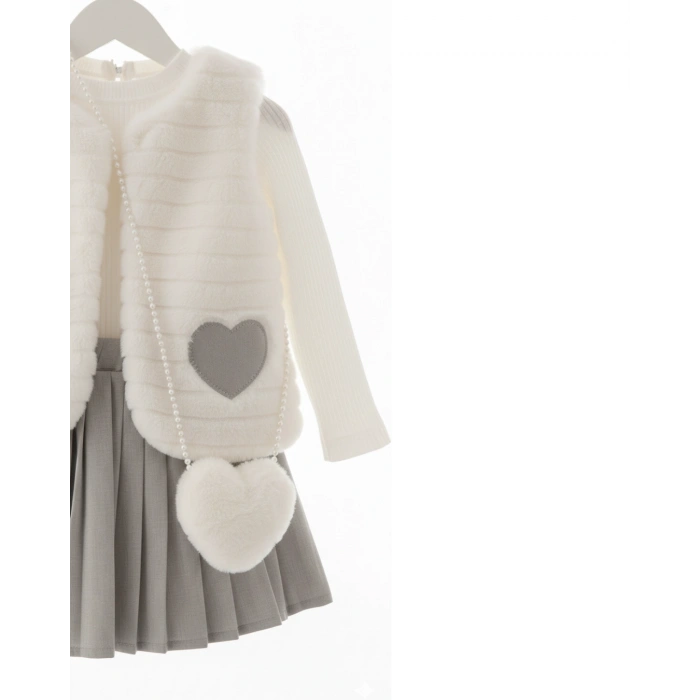 Kız Çocuk Pileli Etekli Kalp Detaylı Peluş Yelekli 4lü Kombin Takım - Premium Seri