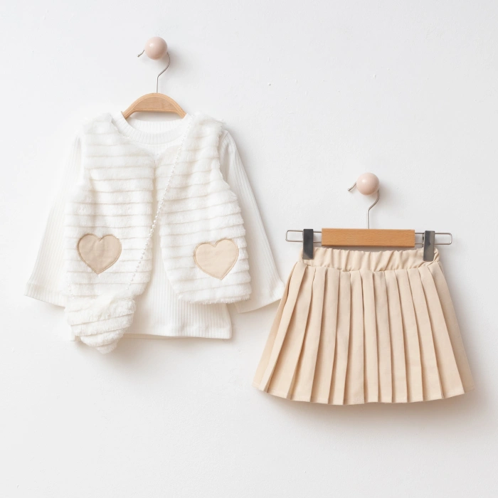 Kız Çocuk Pileli Etekli Kalp Detaylı Peluş Yelekli 4lü Kombin Takım - Premium Seri