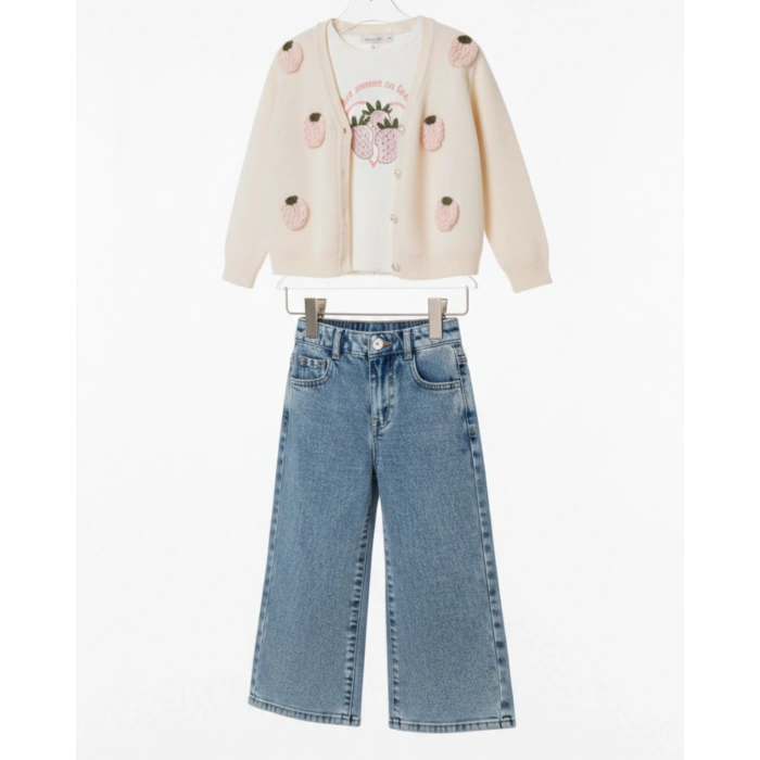 Kız Çocuk Çilek Nakışlı 3lü Takım - İncili Hırka, Çilek Baskılı Body ve Geniş Paça Jean Pantolon