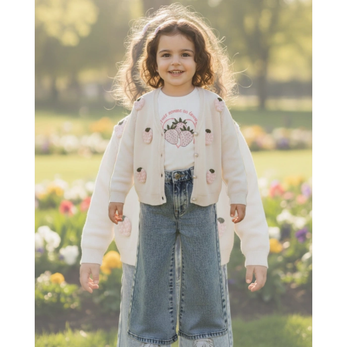 Kız Çocuk Çilek Nakışlı 3lü Takım - İncili Hırka, Çilek Baskılı Body ve Geniş Paça Jean Pantolon