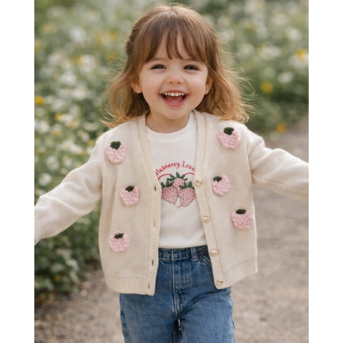 Kız Çocuk Çilek Nakışlı 3lü Takım - İncili Hırka, Çilek Baskılı Body ve Geniş Paça Jean Pantolon