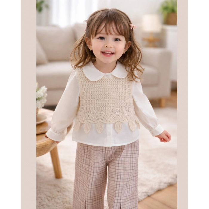 Kız Çocuk Çiçek İşlemeli Örgü Yelekli Pantolonlu 3’lü Takım - Kahverengi Ekose Desenli Premium Set