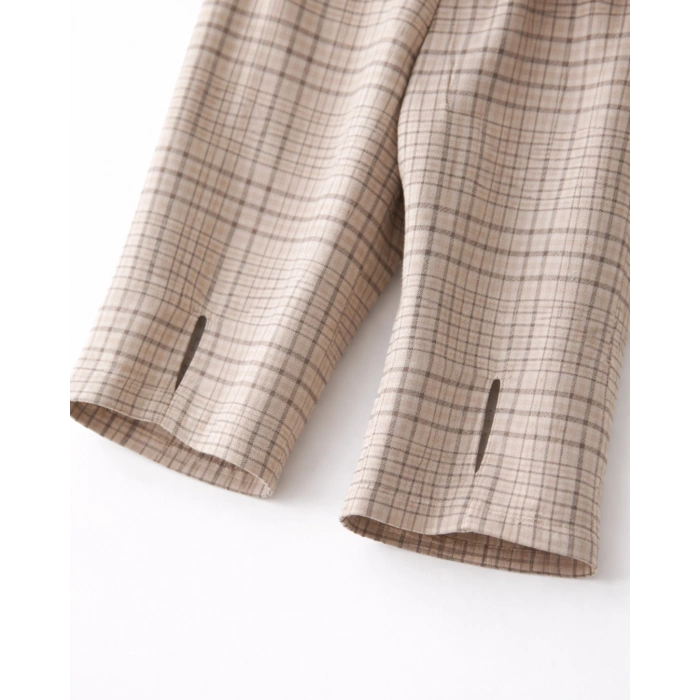 Kız Çocuk Çiçek İşlemeli Örgü Yelekli Pantolonlu 3’lü Takım - Kahverengi Ekose Desenli Premium Set