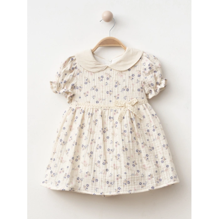 Yaka Detaylı Çiçekli Kız Bebe Elbise
