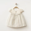 Safiye Kız Bebek Çizgili Fırfırlı Retro Elbise - Kısa Kollu %100 Pamuk Görünümlü Muslin, 9/12/18/24 Ay — Pembe / Mavi / Bej