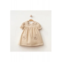 Çiçek Nakışlı Müslin Kız Bebe Elbise