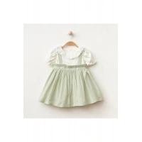 Papatya İşlemeli Düğmeli Kız Bebe Elbise