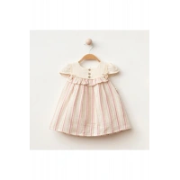 Safiye Kız Bebek Çizgili Fırfırlı Retro Elbise - Kısa Kollu %100 Pamuklu - 9/12/18/24 Ay