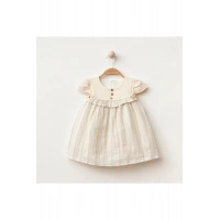 Safiye Kız Bebek Çizgili Fırfırlı Retro Elbise - Kısa Kollu %100 Pamuklu - 9/12/18/24 Ay