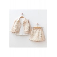 Bingül Kız Çocuk 3’lü Gül Detaylı Takım – Ceket, Penye ve Şort | 2-5 Yaş