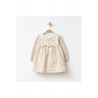 Nazlı Fisto Dantel İşlemeli Bebek Yaka Uzun Kollu Kız Bebek Elbisesi